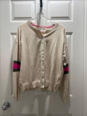 Boden Cream Button-Up Cardigan with Pink and Green Sleeve Stripes